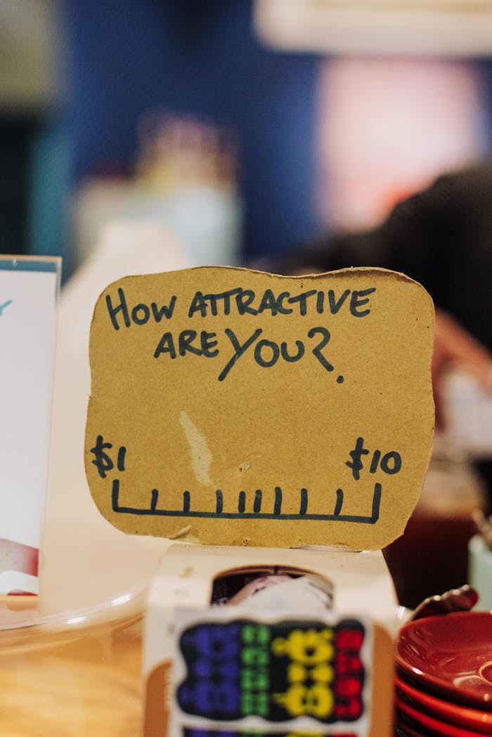Close-up of a humorous tip jar with an attractiveness rating scale from  to 0.